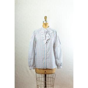 Vintage 80s Cottage Plaid Ruffled Blouse, Red White Blue, Prairie Gingham, M